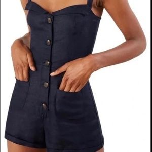 Reformation Navy Button-Front Linen Blend Shorts Romper